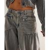 imagechouyatou Womens Boyfriend Baggy Lotus Jeans Y2k Barrel Jeans Drawstring Bottom Wide Leg Pleated Denim PantsGray