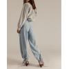 imagechouyatou Womens Boyfriend Baggy Lotus Jeans Y2k Barrel Jeans Drawstring Bottom Wide Leg Pleated Denim PantsLight Blue