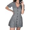 imagechouyatou Womens Cute Short Sleeve Gingham A Line Mini Dress Plaid Button Down Ruffle Short Shirt DressBlack