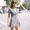 imagechouyatou Womens Cute Short Sleeve Gingham A Line Mini Dress Plaid Button Down Ruffle Short Shirt DressBlack
