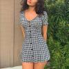 imagechouyatou Womens Cute Short Sleeve Gingham A Line Mini Dress Plaid Button Down Ruffle Short Shirt DressBlack