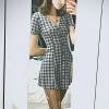 imagechouyatou Womens Cute Short Sleeve Gingham A Line Mini Dress Plaid Button Down Ruffle Short Shirt DressBlack