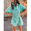 imagechouyatou Womens Denim Button Down Wide Leg Jumpsuit Overalls Short Sleeve Baggy Romper Shorts with PocketsGreen
