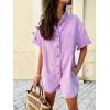 imagechouyatou Womens Denim Button Down Wide Leg Jumpsuit Overalls Short Sleeve Baggy Romper Shorts with PocketsPurple
