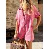 imagechouyatou Womens Denim Button Down Wide Leg Jumpsuit Overalls Short Sleeve Baggy Romper Shorts with PocketsRose Red