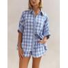imagechouyatou Womens Plaid 2 Piece Outfits Short Sleeve Button Down Shirt and Wide Leg Shorts Matching SetBlue