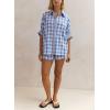 imagechouyatou Womens Plaid 2 Piece Outfits Short Sleeve Button Down Shirt and Wide Leg Shorts Matching SetBlue