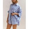 imagechouyatou Womens Plaid 2 Piece Outfits Short Sleeve Button Down Shirt and Wide Leg Shorts Matching SetBlue