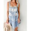 imagechouyatou Womens Summer Distressed Short Denim Overall Dress Adjustable Strap Lace Crochet Spliced Tiered Jean DressLight Blue