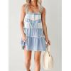 imagechouyatou Womens Summer Distressed Short Denim Overall Dress Adjustable Strap Lace Crochet Spliced Tiered Jean DressLight Blue