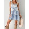 imagechouyatou Womens Summer Distressed Short Denim Overall Dress Adjustable Strap Lace Crochet Spliced Tiered Jean DressLight Blue