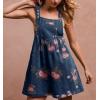 imagechouyatou Womens Summer Embroidered Floral Denim Short Overalls Workout Sleeveless Jean Romper with PocketsDark Blue