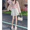 imagechouyatou Womens Summer Eyelet Embroidery Wide Leg Shorts Elastic Waist Loose Comfy Beach Shorts with PocketsApricot