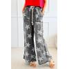 imagechouyatou Womens Wide Leg Star Printed Jeans Barrel Elastic High Waisted Drawstring Flare Denim PantsBlack Grey
