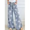 imagechouyatou Womens Wide Leg Star Printed Jeans Barrel Elastic High Waisted Drawstring Flare Denim PantsDark Blue