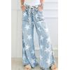imagechouyatou Womens Wide Leg Star Printed Jeans Barrel Elastic High Waisted Drawstring Flare Denim PantsLight Blue