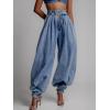 imagechouyatou Womens Y2k Baggy Harem Jeans Boyfriend Wide Leg Balloon Jeans Zip Up Pleated Denim PantsBlue