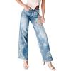 imagechouyatou Women Distressed Y2K Floral Print Jeans Casual Straight Leg High Waisted Trousers Denim PantsBlue