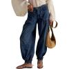 imagechouyatou Womens Boyfriend Baggy Lotus Jeans Y2k Barrel Jeans Drawstring Bottom Wide Leg Pleated Denim PantsDark Blue