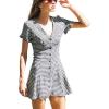 imagechouyatou Womens Cute Short Sleeve Gingham A Line Mini Dress Plaid Button Down Ruffle Short Shirt DressBlack
