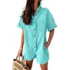 imagechouyatou Womens Denim Button Down Wide Leg Jumpsuit Overalls Short Sleeve Baggy Romper Shorts with PocketsGreen