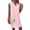 imagechouyatou Womens Striped Button Up Polo Shirt Mini Dress Business Casual Sleeveless Tunic Shift Short DressPink