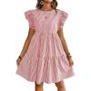 imagechouyatou Womens Summer Cotton Striped Mini Dress Flutter Sleeve Ruffle Tiered Babydoll Party Short Sun DressRed