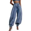 imagechouyatou Womens Y2k Baggy Harem Jeans Boyfriend Wide Leg Balloon Jeans Zip Up Pleated Denim PantsBlue