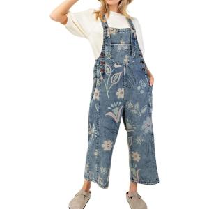 imagechouyatou Women 2025 Baggy Floral Denim Bib Overalls Jeans Casual Distressed Wide Leg Overall JumptuisBlue