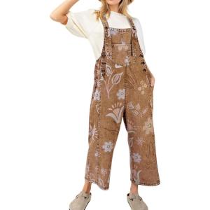 imagechouyatou Women 2025 Baggy Floral Denim Bib Overalls Jeans Casual Distressed Wide Leg Overall JumptuisBrown