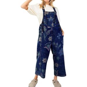 imagechouyatou Women 2025 Baggy Floral Denim Bib Overalls Jeans Casual Distressed Wide Leg Overall JumptuisDark Blue