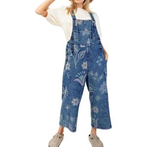 imagechouyatou Women 2025 Baggy Floral Denim Bib Overalls Jeans Casual Distressed Wide Leg Overall JumptuisDenim Blue