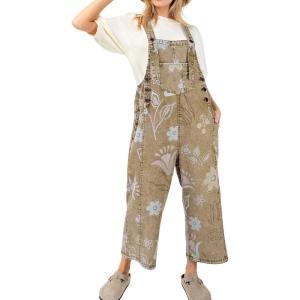 imagechouyatou Women 2025 Baggy Floral Denim Bib Overalls Jeans Casual Distressed Wide Leg Overall JumptuisKhaki