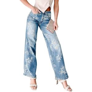 imagechouyatou Women Distressed Y2K Floral Print Jeans Casual Straight Leg High Waisted Trousers Denim PantsBlue