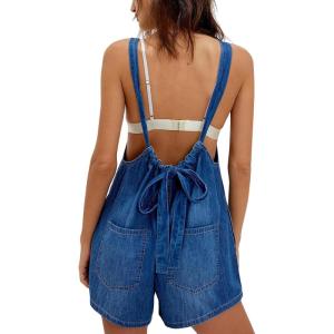 imagechouyatou Women Summer Denim Bib Overall Shorts Casual Adjustable Strap Back Bow Tie Jean Shortall RomperDark Blue