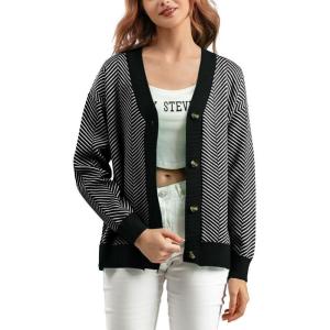 imagechouyatou Womens 2025 Button Down V Neck Cardigans Herringbone Striped Sweater Cardigan Jacket Outerwear CoatBlack