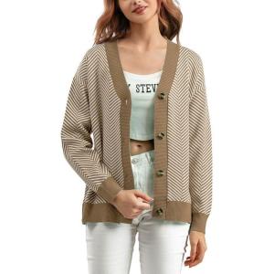 imagechouyatou Womens 2025 Button Down V Neck Cardigans Herringbone Striped Sweater Cardigan Jacket Outerwear CoatKhaki