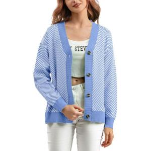 imagechouyatou Womens 2025 Button Down V Neck Cardigans Herringbone Striped Sweater Cardigan Jacket Outerwear CoatLight Blue