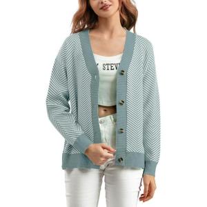 imagechouyatou Womens 2025 Button Down V Neck Cardigans Herringbone Striped Sweater Cardigan Jacket Outerwear CoatLight Green