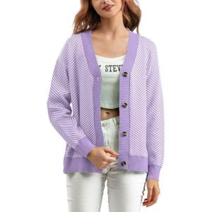imagechouyatou Womens 2025 Button Down V Neck Cardigans Herringbone Striped Sweater Cardigan Jacket Outerwear CoatPurple