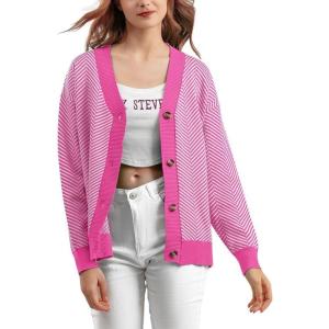 imagechouyatou Womens 2025 Button Down V Neck Cardigans Herringbone Striped Sweater Cardigan Jacket Outerwear CoatRose Red