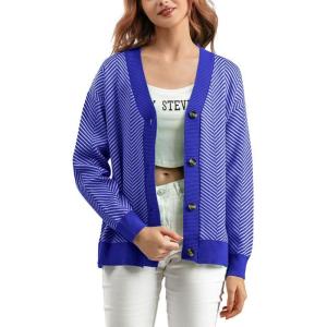 imagechouyatou Womens 2025 Button Down V Neck Cardigans Herringbone Striped Sweater Cardigan Jacket Outerwear CoatRoyal Blue