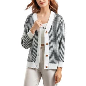 imagechouyatou Womens 2025 Button Down V Neck Cardigans Herringbone Striped Sweater Cardigan Jacket Outerwear CoatWhite