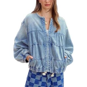 imagechouyatou Womens 2025 Fall Boyfriend Floral Denim Jacket Spring Y2K Casual Oversized Jean Bomber JacketBlue