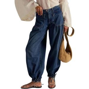imagechouyatou Womens Boyfriend Baggy Lotus Jeans Y2k Barrel Jeans Drawstring Bottom Wide Leg Pleated Denim PantsDark Blue
