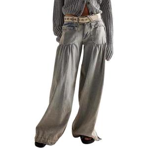 imagechouyatou Womens Boyfriend Baggy Lotus Jeans Y2k Barrel Jeans Drawstring Bottom Wide Leg Pleated Denim PantsGray