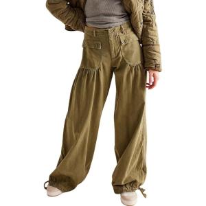 imagechouyatou Womens Boyfriend Baggy Lotus Jeans Y2k Barrel Jeans Drawstring Bottom Wide Leg Pleated Denim PantsGreen