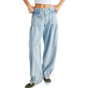 imagechouyatou Womens Boyfriend Baggy Lotus Jeans Y2k Barrel Jeans Drawstring Bottom Wide Leg Pleated Denim PantsLight Blue