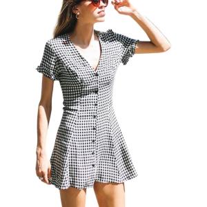 imagechouyatou Womens Cute Short Sleeve Gingham A Line Mini Dress Plaid Button Down Ruffle Short Shirt DressBlack