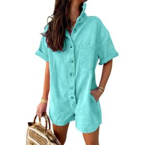 imagechouyatou Womens Denim Button Down Wide Leg Jumpsuit Overalls Short Sleeve Baggy Romper Shorts with PocketsGreen